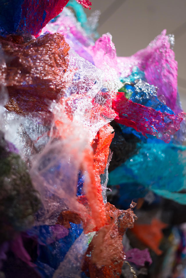 Aaditi Joshi. Untitled, 2016 (detail). Site-specific installation, fused plastic bags, acrylic paint, LED lights, wood armature, 288 x 78 x 108 in. Photo: Smita Jacob /Hogger & Co.