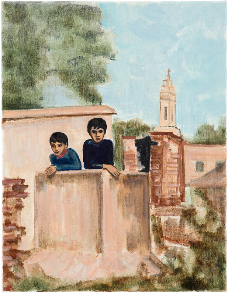 Matthew Krishanu. Two Boys (Church Tower), 2020. Oil on canvas, 45 x 35 cm. Photo: Peter Mallet.