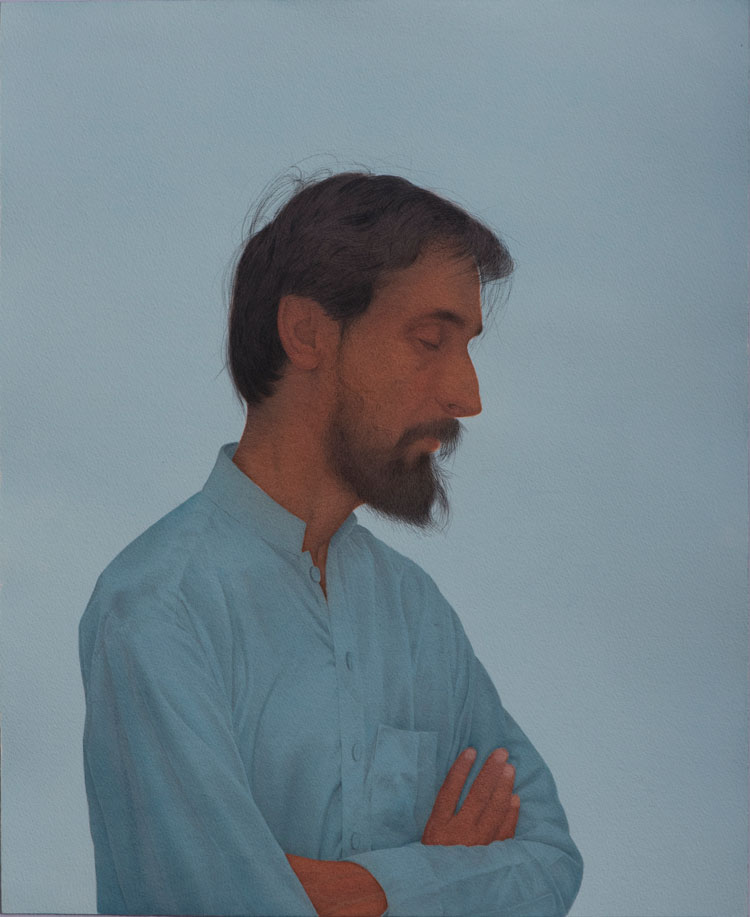 Ali Kazim. Untitled (man of faith series), 2019. Watercolour pigments on paper, 46 x 56 cm. Image © Ali Kazim studio.