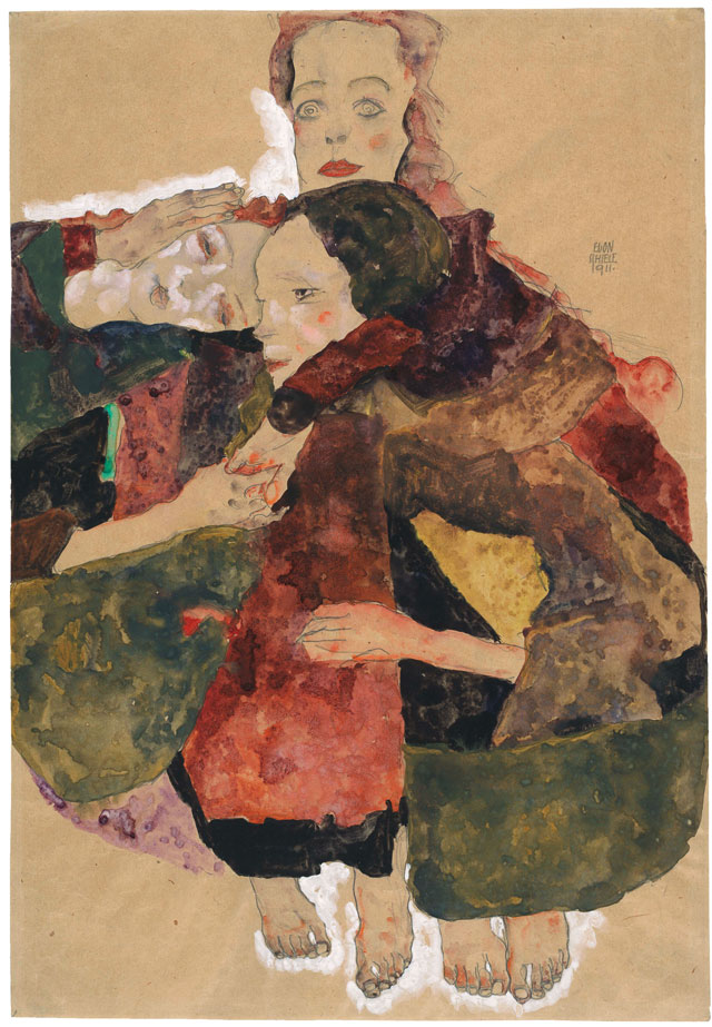 Egon Schiele. Group of Three Girls, 1911. Pencil, watercolour and gouache with white gouache heightening on packing paper, 44.7 x 30.8 cm. The Albertina Museum, Vienna. Exhibition organised by the Royal Academy of Arts, London and the Albertina Museum, Vienna.