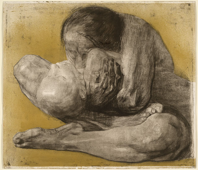 Käthe Kollwitz. Woman with Dead Child, 1903. Soft-ground etching with engraving overprinted lithographically with gold tone-plate. © The Trustees of the British Museum.
