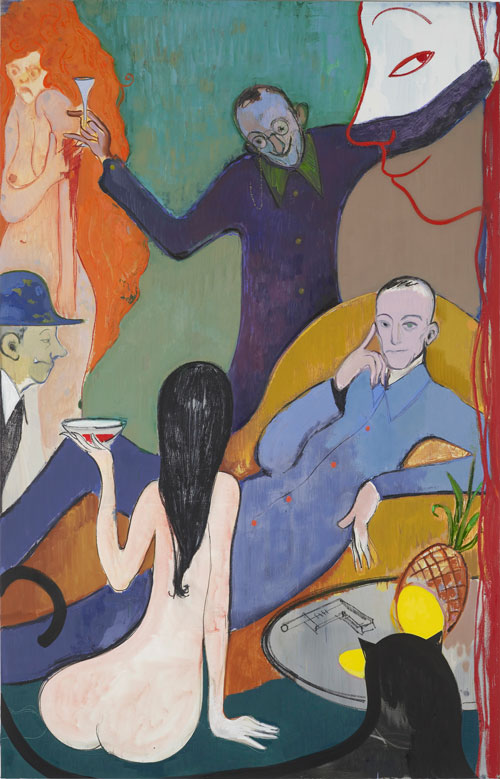 Sanya Kantarovsky. The Master is Released: Behemoth cut himself a slice of pineapple, salted and peppered it, ate it and
chased it down with a second glass of spirit with a flourish that earned a round of applause, 2015. Oil, pastel, watercolour and oilstick on canvas, 180 x 280 cm. Commissioned by Studio Voltaire for How to work together a shared project with Chisenhale Gallery and The Showroom. Courtesy of the artist and Stuart Shave/Modern Art, London. Photograph: Andy Keate.