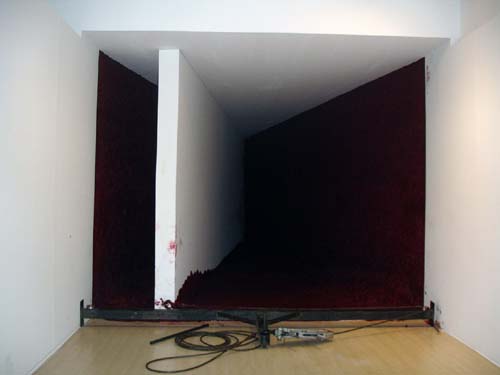 Anish Kapoor. <em>To Divide</em>, 2006, 5 tons of special red wax and a thick 11-metre-long wooden wall. Installation view.