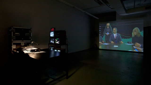 Liz Magic Laser, Absolute Event, 2013, performance and video installation, 45 min, production still, Paula Cooper Gallery, New York. Featuring actors and former congressional staffers Daniel Abse and Gary Lee Mahmoud. Photograph: Steven Probert