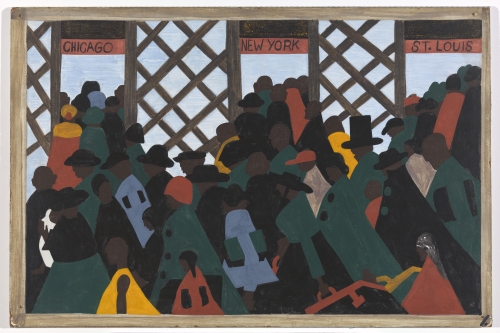 Jacob Lawrence. The Migration Series. 1940-41. Panel 1: During the World War there was a great migration North by Southern Negroes. Casein tempera on hardboard, 18 x 12 in (45.7 x 30.5 cm). The Phillips Collection, Washington D.C. Acquired 1942. © 2015 The Jacob and Gwendolyn Knight Lawrence Foundation, Seattle / Artists Rights Society (ARS), New York. Photograph courtesy The Phillips Collection, Washington D.C.