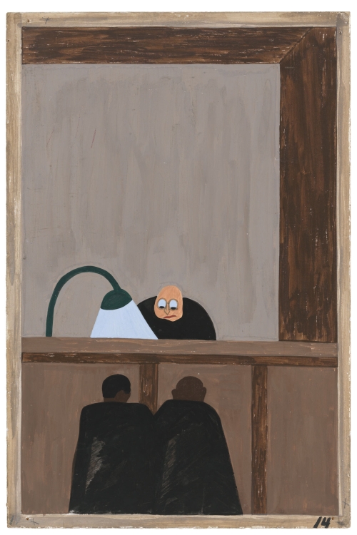 Jacob Lawrence. The Migration Series. 1940-41. Panel 14: Among the social conditions that existed which was partly the cause of the migration was the injustice done to the Negroes in the courts. Casein tempera on hardboard, 18 x 12 in (45.7 x 30.5 cm). The Museum of Modern Art, New York. Gift of Mrs. David M. Levy. © 2015 The Jacob and Gwendolyn Knight Lawrence Foundation, Seattle / Artists Rights Society (ARS), New York. Digital image © The Museum of Modern Art/Licensed by SCALA / Art Resource, NY