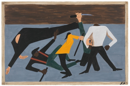 Jacob Lawrence. The Migration Series. 1940-41. Panel 52: One of the largest race riots occurred in East St. Louis. 1941. Casein tempera on hardboard, 18 x 12 in (45.7 x 30.5 cm). The Museum of Modern Art, New York. Gift of Mrs. David M. Levy. © 2015 The Jacob and Gwendolyn Knight Lawrence Foundation, Seattle / Artists Rights Society (ARS), New York. Digital image © The Museum of Modern Art/Licensed by SCALA / Art Resource, NY