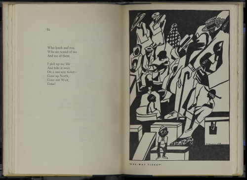 Spread from Langston Hughes, with woodcut by Jacob Lawrence. One Way Ticket. New York: A. A. Knopf, 1949. Collection Leon F. Litwack. Photograph courtesy Manuscript, Archives, and Rare Book Library, Emory University. © 2015 The Jacob and Gwendolyn Knight Lawrence Foundation, Seattle / Artists Rights Society (ARS), New York. Additional rights by permission of the Estate of Langston Hughes in care of Harold Ober Associates Incorporated