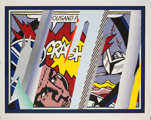 Roy Lichtenstein. Reflections on Crash, 1990. Lithograph, screenprint, relief, and metalized PVC collage with embossing on mold-made Somerset pape, 150.2 x 190.5 cm. Lent by The Roy Lichtenstein Foundation Collection 2015 © Estate of Roy Lichtenstein/DACS 2015.