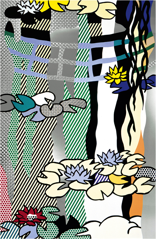 Roy Lichtenstein. Water Lilies with Japanese Bridge, 1992. Screenprinted enamel on stainless steel, painted aluminium frame, 211.5 x 147.3 cm. Lent by The Roy Lichtenstein Foundation Collection 2015. © Estate of Roy Lichtenstein/DACS 2015.