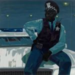 Kerry James Marshall, Untitled (Policeman), 2015. Acrylic on PVC panel with plexiglass frame, 152.4 x 152.4 cm. The Museum of Modern Art, New York. Gift of Mimi Haas in honor of Marie-Josée Kravis, 2016. © Kerry James Marshall. Photo: The Museum of Modern Art, New York/Scala, Florence.