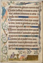 A bas-de-page scene with an illustration of women bringing in the harvest. Psalter (The Luttrell Psalter) with calendar and additional material. © British Library Board.