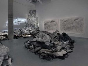 Emma McNally, The Earth is Knot Flat, 2024. Graphite, paper, kaolin, gum arabic. Installation view, Drawing Room/Tannery Arts, London. Photo: Eva Herzog.