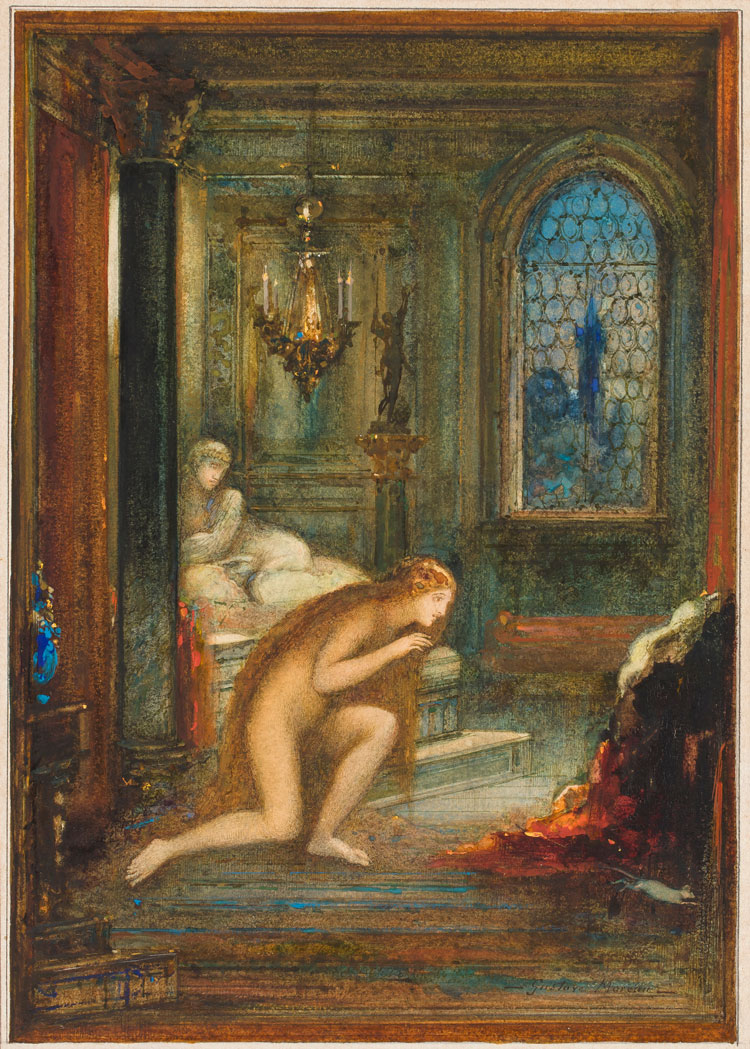 Gustave Moreau, The Cat Transformed into a Woman, 1884. Watercolour, gouache, pen and ink and gold metallic paint. © Private Rothschild Collection / Jean-Yves Lacôte.