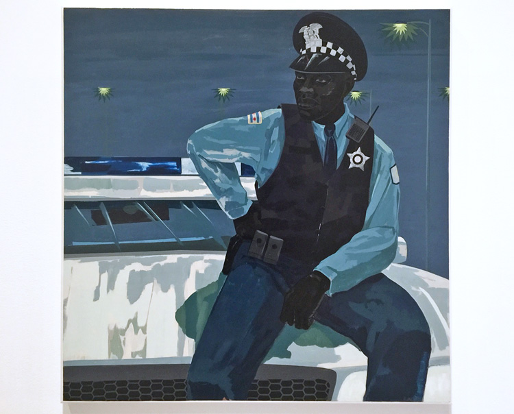 James Kerry Marshall. Untitled (policeman), 2015. Acrylic on PVC panel with plexiglass frame, 60 × 60 in (152.4 x 152.4 cm). Installation view, MoMA, New York, 2019. Photo: Jill Spalding.