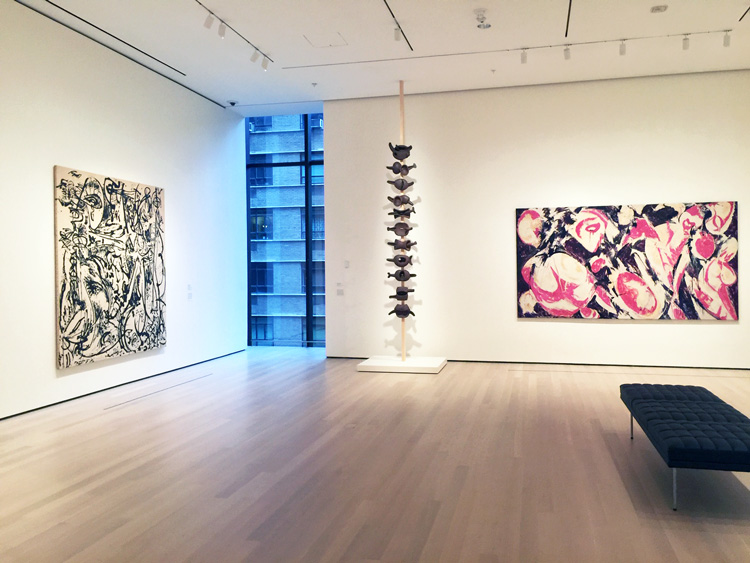 Left: Jackson Pollock. Echo: Number 25, 1951, 1951; Right: Lee Krasner. Gaea, 1966. Photo: Jill Spalding.