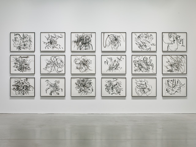 Julie Mehretu: Drawings and Monotypes, installation view, Kettle’s Yard, University of Cambridge, 2019. Courtesy the artist, Marian Goodman Gallery, and White Cube. Photo: Stephen White.
