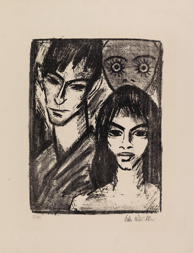 Otto Mueller. Couple with mask (self portrait with model and
Mask), 1921. Lithograph, 38.7 x 29.3 cm. Brücke-Museum. © Photo: Roman March.