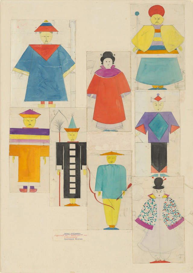 Oskar Schlemmer. The Nightingale: Seven Figurines, 1929. Pencil and watercolour on paper, the figurines individually cut out and mounted on white cardboard, 63.5 x 45 cm. Staatliche Museen zu Berlin, Art Library. © bpk / Staatliche Museen zu Berlin, Art Library. Photo: Dietmar Katz.