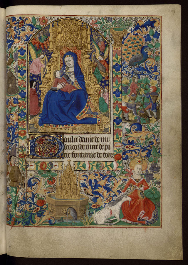 The Book of Hours said to belong to Yolande of Aragon: The Virgin Mary and the unicorn hunt, circa 1460 – 1470. Illumination on parchment © Bibliothèque Méjanes, Aix-en-Provence.
