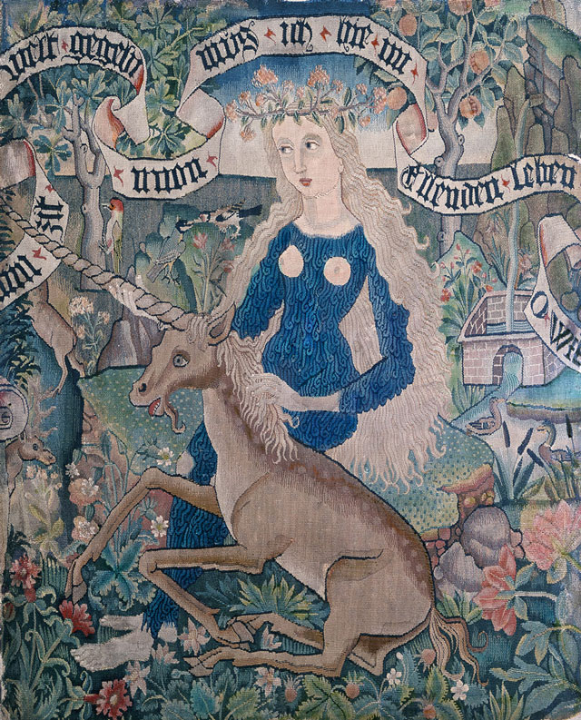 Wild woman with unicorn, circa 1500-1510. Wool tapestry with silk and gold threads. © Historisches Museum Basel, M. Babey.