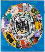 Eddie Martinez. Mandala #4 (Open Night), 2016. Silkscreen ink, oil paint, spray paint, enamel and plastic collage on canvas, 243.8 x 213.4 cm. © Eddie Martinez. Courtesy Timothy Taylor.