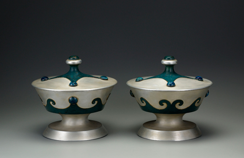 Marie Zimmermann. Covered chalices, 1931. Aluminum, painted copper and colored paste, 8 1/2 x 9 1/2 in. (21.6 x 24.1 cm). Carnegie Museum of Art, Pittsburgh, Roy A. Hunt Foundation, by exchange, and Second Century Acquisition Fund (2010.7.1-2). Photo: Gavin Ashworth © American Decorative Art 1900 Foundation. Used by permission.