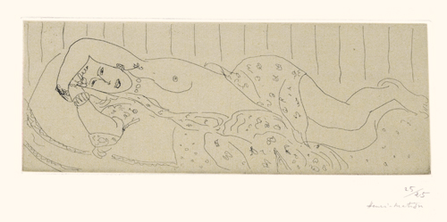 Henri Matisse. Nu couché, drape dans une étoffe fleurie, 1929. Etching on chine applique, 3 7/8 x 9 13/16 in. © DACS.