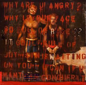 John Mellencamp. Why Are U Angry? 2013. Mixed media/canvas, 48 x 48 in. Image courtesy of the artist. © John Mellencamp.