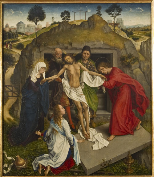 Rogier van der Weyden (e aiuti). Lamentation over the Dead Christ, 1460-1465. Oil on board, 111 x 95 cm. Firenze, Galleria degli Uffizi.