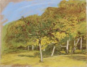 Claude Monet. <em>Fruit Trees,</em> c. 1865-1875. Pastel on paper, 22.5  x 29.2 cm. Private collection, courtesy of Galerie Jan Krugier, Ditesheim & Cie, Geneva
