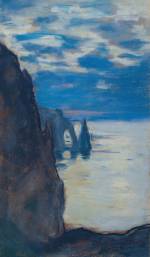 Claude Monet. <em>Etretat, the Needle Rock and Porte d'Aval,</em> c. 1885. Pastel on tan paper, 40 x 23.5 cm. Private collection, Scotland Photo courtesy LeFevre Gallery, London 