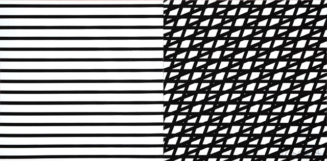 François Morellet. 0° - 110° - 157°5, 1972. Silkscreen ink on vinyl paint on paper on MDF, two parts, 30 x 30 cm. Courtesy The Mayor Gallery, London.