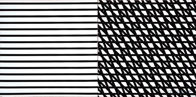 François Morellet. 0° - 45° - 70°, 1972. Silkscreen ink on vinyl paint on paper on MDF, two parts, 30 x 30 cm. Courtesy The Mayor Gallery, London.