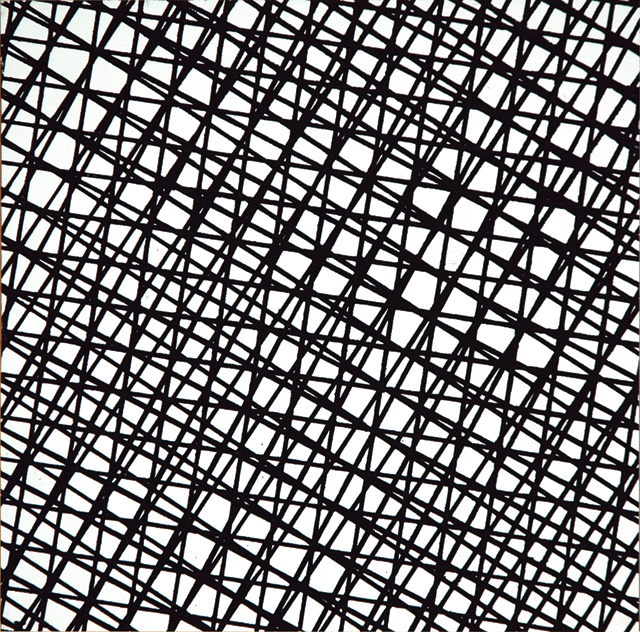 François Morellet. 10° - 100°, 27° - 117°, 32° - 122°, 1969. Silkscreen printing on vinyl paint on cardboard on MDF, 22.5 x 22.5 cm. Courtesy The Mayor Gallery, London.