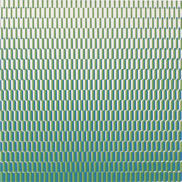 François Morellet. 4 trames de tirets du bleu au vert pivotées sur un côté, 1971. Silkscreen on wood, 23 5/8 x 23 5/8 in. Courtesy The Mayor Gallery, London.