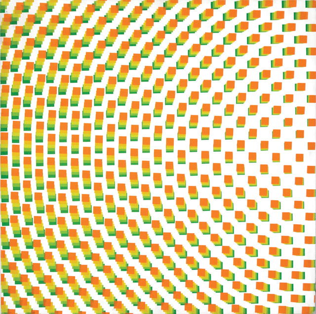 François Morellet. Du vert à l’orange (5 passes de carrés réguliers pivotées sur le côté), 1971. Silkscreen ink on wood, 80 x 80 cm. Courtesy The Mayor Gallery, London.