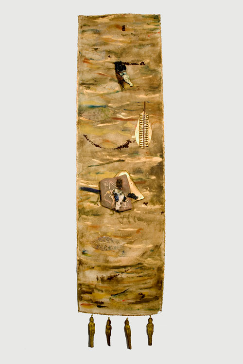 Sana Musasama. They Raped the Mountains for the Gold, 2007-10. Ceramic and mixed media on painted canvas, 60 x 17 in. 
Courtesy of the June Kelly Gallery, NY.