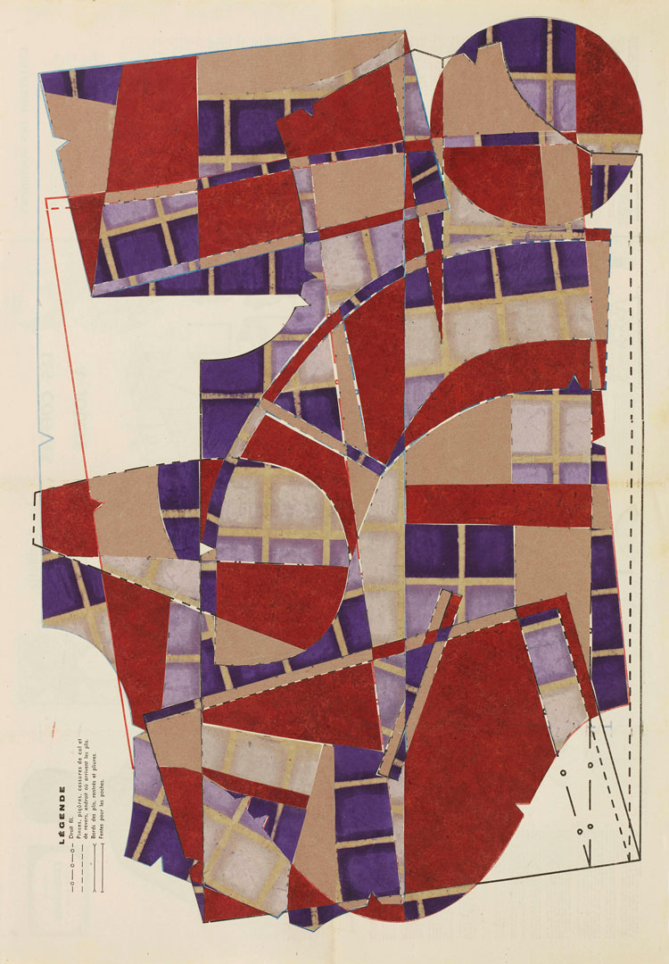 Hormazd Narielwalla. Relaxing in the Calm, 2021. Paper collage on sewing pattern, 77 x 55.5 cm. Copyright Hormazd Narielwalla. Image courtesy Eagle Gallery / EMH Arts, London.