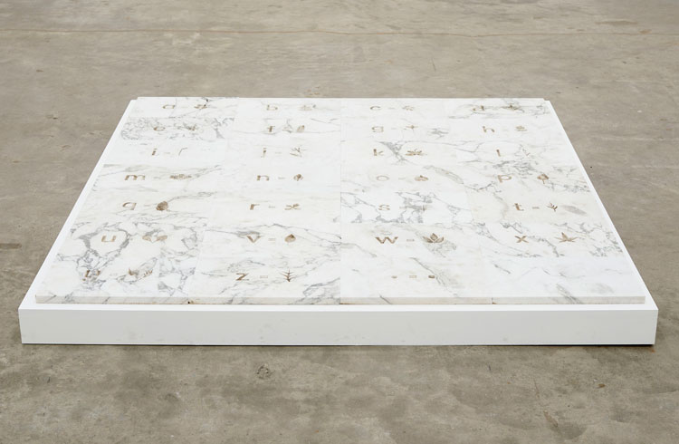 John Newling. Language from the garden (Nymans language), 2017. Engraved marble. Installation view, Ikon Gallery, 2020.