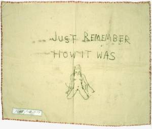 Tracey Emin. <em>Just Remember How It Was</em>, 1998. Monoprint on calico with stitching. Scottish National Gallery of Modern Art