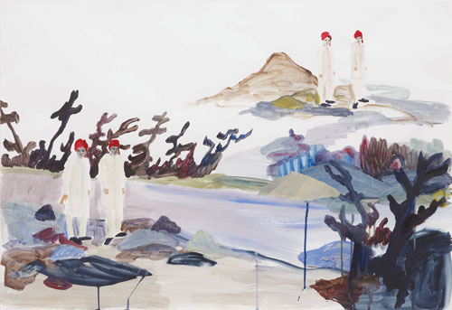 Freya Douglas Morris. They Visited Twice, 2012. Paint and collage on paper, 70 x 100 cm. © the artist. Image courtesy of ICA. Photograph: Stephen White.