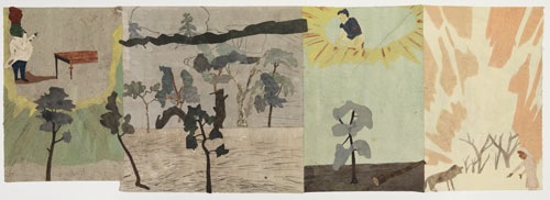 Jockum Nordström. Passing song / Hoodoo watchdog, 2014. Watercolour, graphite, and collage on paper, 39 x 113 in (99 x 287 cm). Courtesy David Zwirner, New York/London.