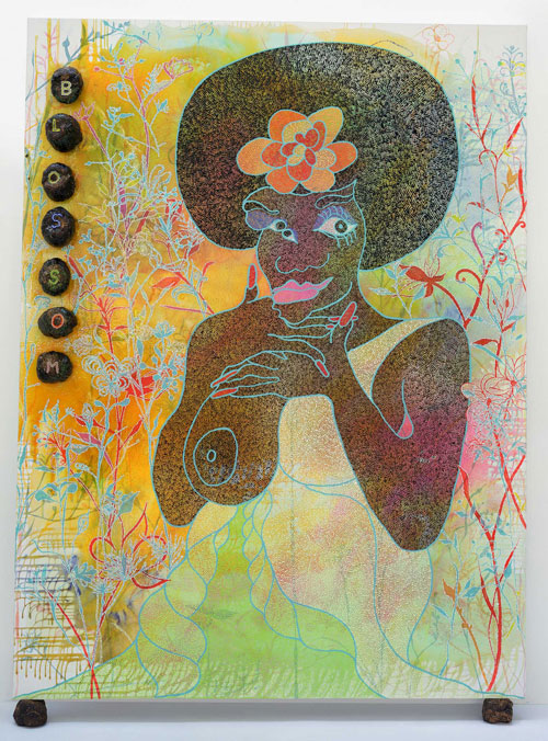 Chris Ofili. Blossom, 1997. Oil, polyester resin, glitter, map pins and elephant dung on linen, 243.8 x 182.8 cm. Courtesy Contemporary Fine Arts, Berlin. Photo: Jochen Littkemann.