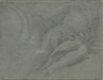 Parmigianino. The legs and drapery of a recumbent figure, about 1525-7. Black and white chalk on grey-blue paper, 19.3 x 25 cm. The Royal Collection / HM King Charles III. © Royal Collection Enterprises Limited 2024 | Royal Collection Trust.