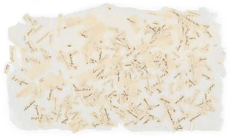Howardena Pindell, Text, 1975. Ink on paper collage, 18.1 x 31.1 cm. Courtesy of the artist, Garth Greenan Gallery, New York and Victoria Miro.
