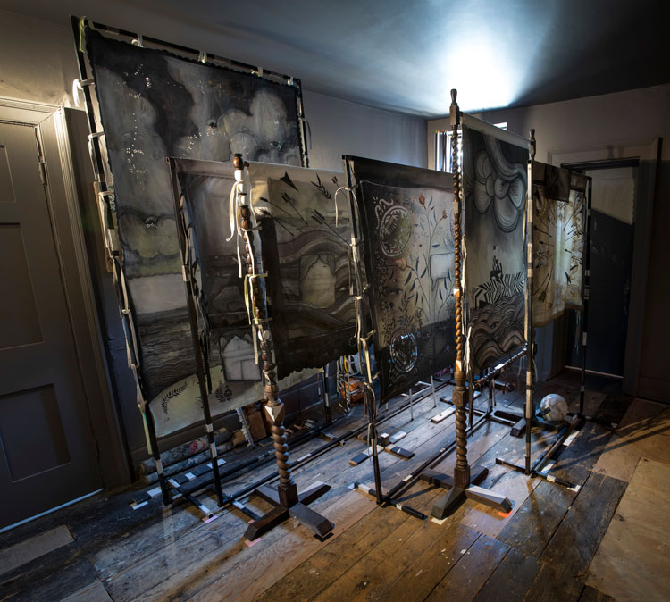 Cathie Pilkington. Night Sea Journey, 2021. Left to right: The End; The Shallows; The Flood; Climacteric; The Ark; Target. Cotton, linen, wood, steel, paint and felt-tip, dimensions variable. Image courtesy Karsten Schubert, London.