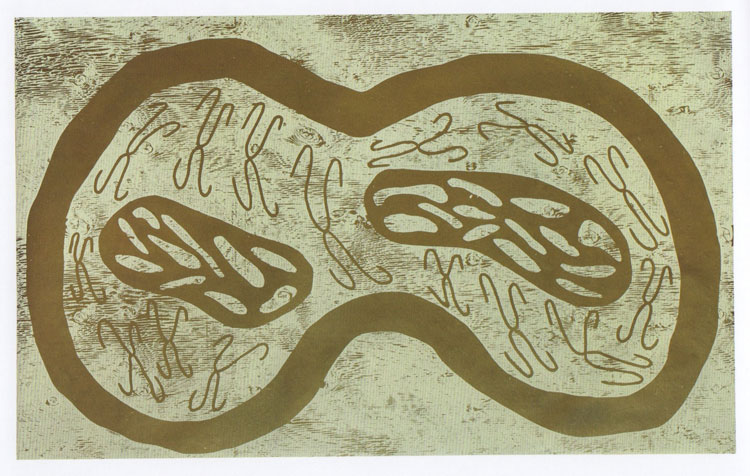 Nicholas Pope. Gold and White Shapes (A Conversation Snippet), 1985. Woodcut print on paper, 111 x 182 cm. © The Artist, Courtesy: New Art Centre, Wiltshire & The Sunday Painter.