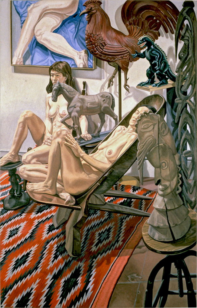 Philip Pearlstein. Models with Godzilla, etc., 1990. Oil on canvas, 96 x 60 in (243.84 x 152.4 cm). © the artist.