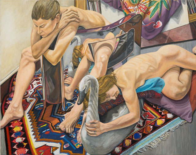 Philip Pearlstein. Two Models, Polished Steel Chair and Swan Decoy, 2016. Oil on canvas, 48 x 60 in (121.92 x 152.4 cm). © the artist.